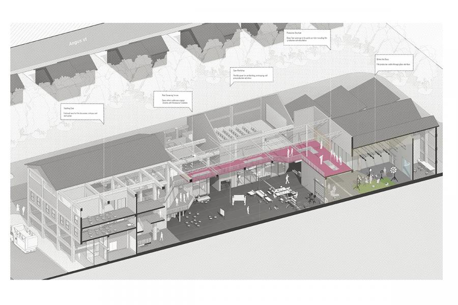 Isometric architectural cutaway diagram of a multi-use building. Interior includes workspaces, meeting rooms, and pathways highlighted in pink, with people interacting.