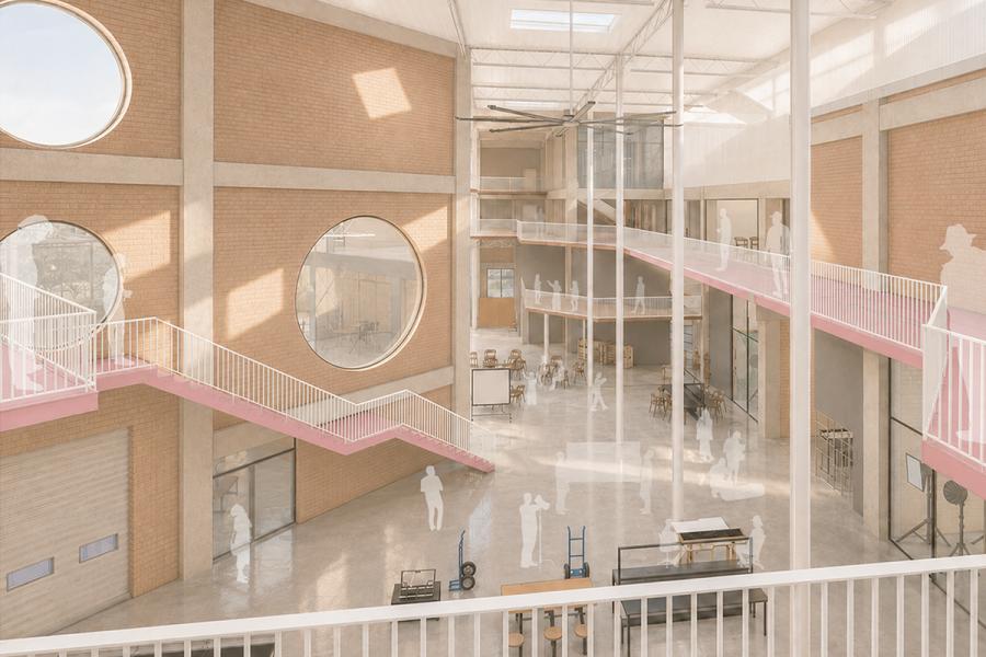 Spacious, sunlit atrium with brick walls and large circular windows. Pink staircases connect levels.
