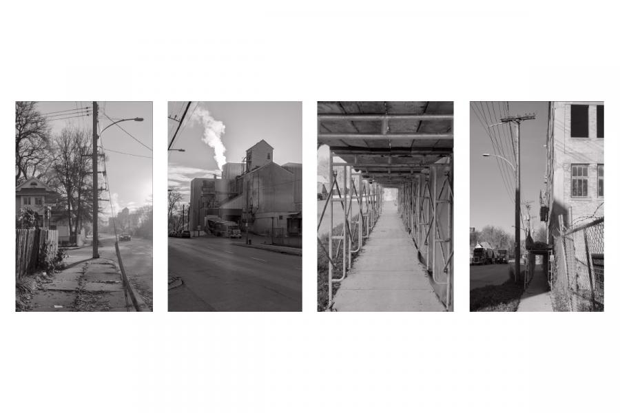 A four-panel black and white urban scene. Each panel shows a different street: empty sidewalk, industrial building with smoke, scaffold walkway, and narrow alley.