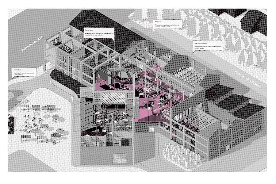 Axonometric architectural diagram depicting an urban building with cutaway views.