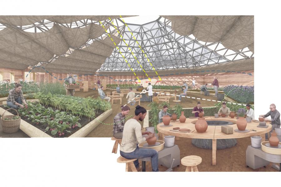 People engage in pottery and gardening inside a spacious, domed greenhouse.