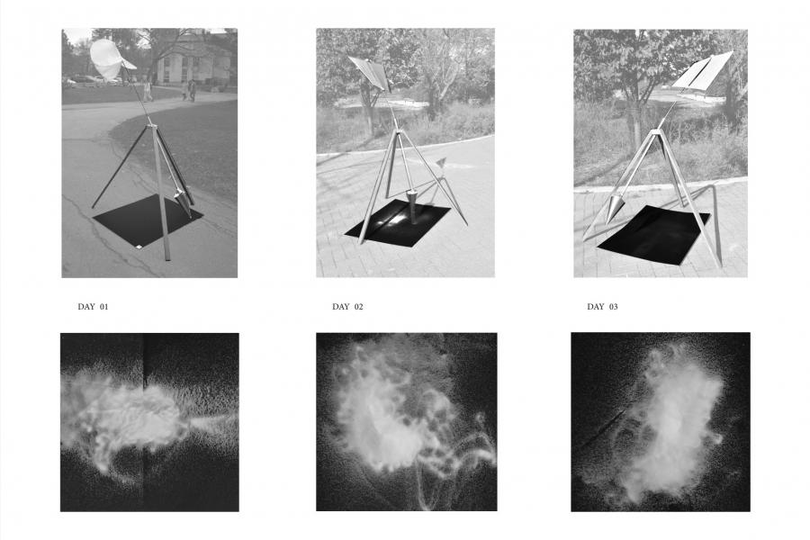 Three black and white images of a triangular solar cooker taken over three days, each with growing cloud formations underneath.