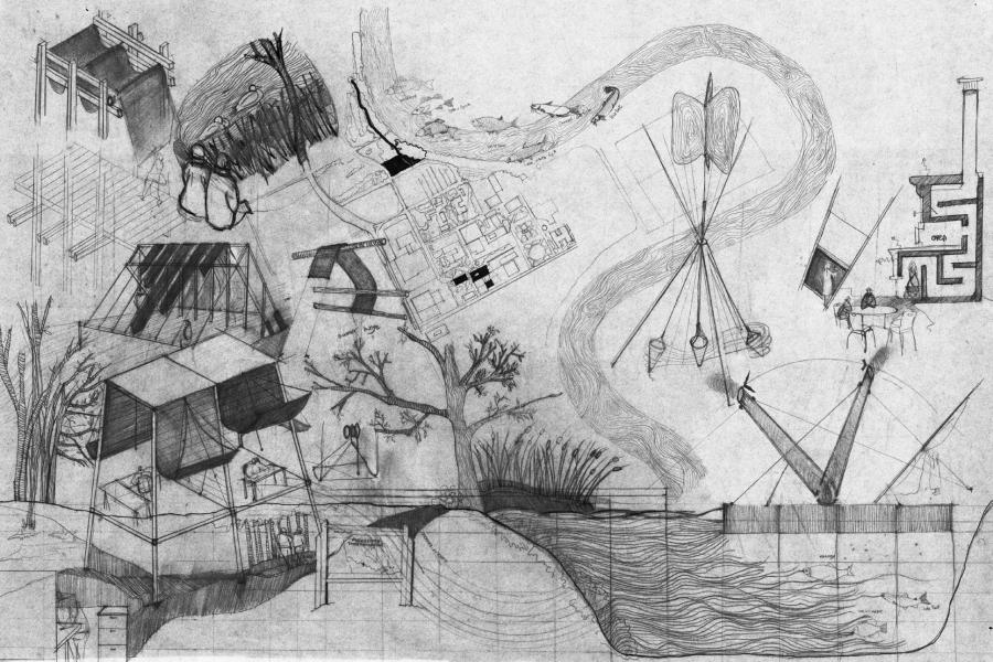 Surrealist sketch in grayscale with abstract architecture, trees, flowing water, and fragmented geometric shapes.