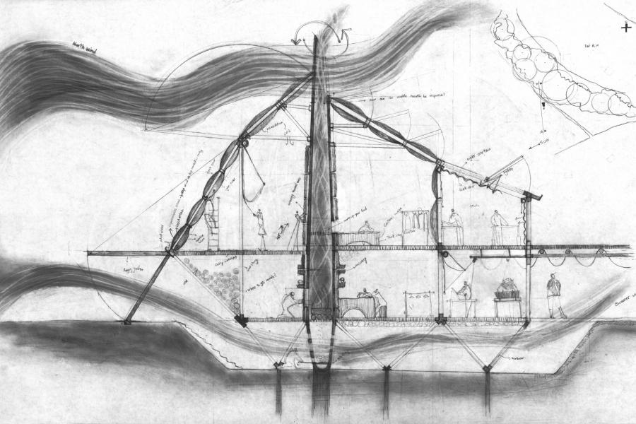 A detailed architectural sketch depicts a cutaway of a building with labeled rooms, furniture, and airflow.