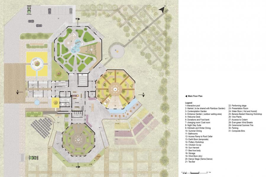 Architectural floor plan showing a large building with multiple hexagonal sections connected by corridors.