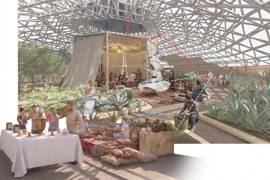 Modern greenhouse with people gathered in seating areas, surrounded by lush plants.