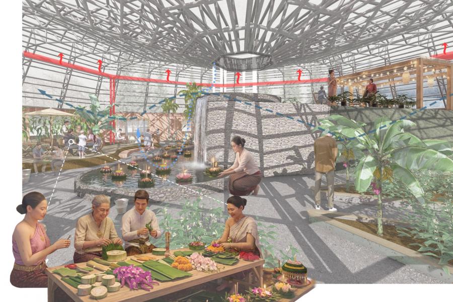 People in traditional attire gather in a spacious, airy structure with plants and water features.