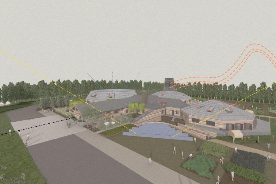 Aerial view of a modern, eco-friendly building with circular roofs, surrounded by trees.