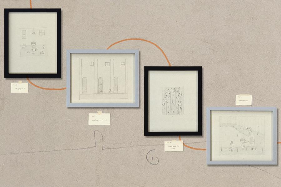 The drawings depict minimalist, abstract scenes.