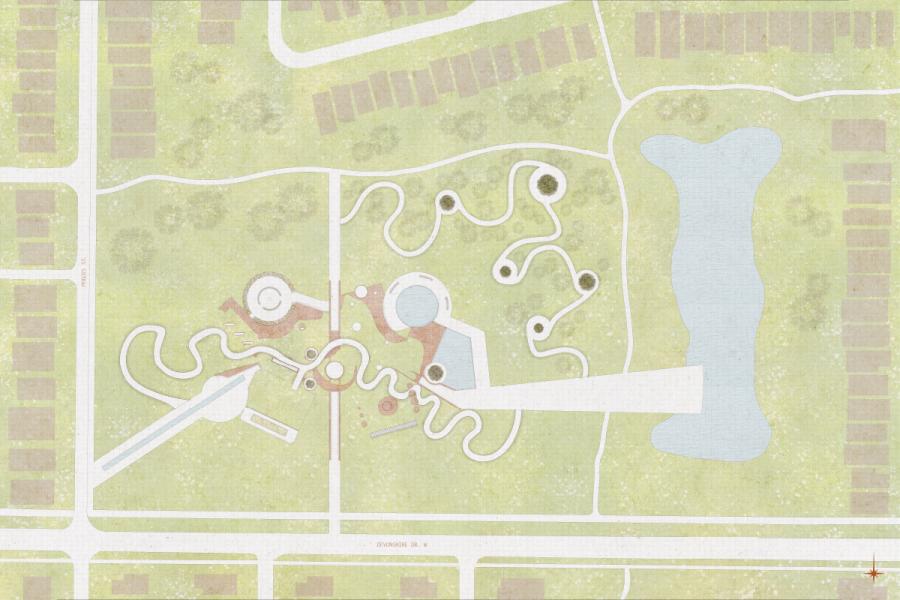 Architectural site plan showing winding pathways on grassy terrain, two circular structures, a nearby pond, and grid streets surrounding the area.