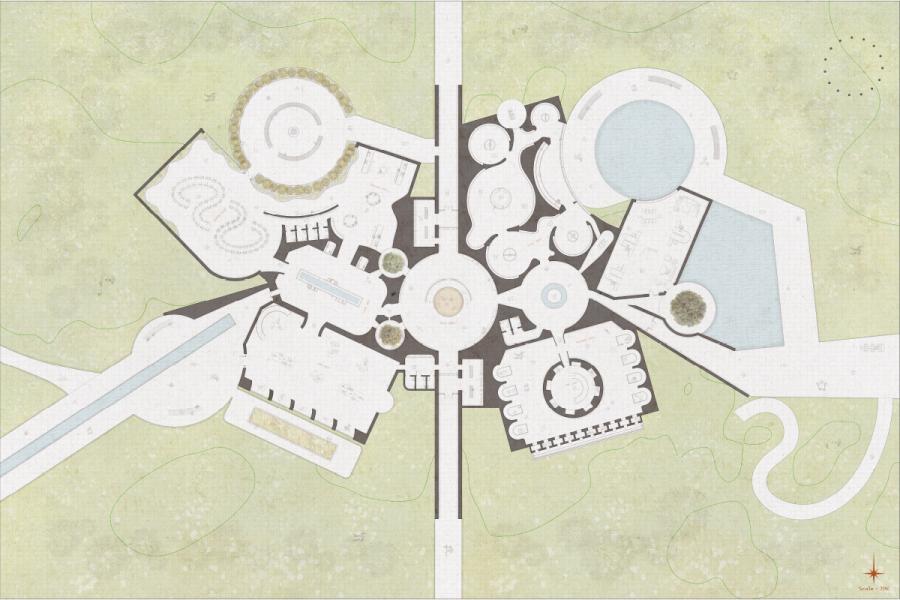 Architectural site plan showing a symmetrical layout with circular and rectangular buildings on either side of a central axis, surrounded by greenery.