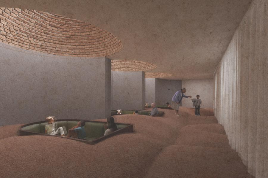 A serene, modern indoor space with curved, amphitheater-style seating, earthy tones, and brick-patterned ceiling.