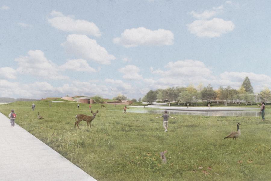 A serene landscape with children playing in a grassy field near a pond.