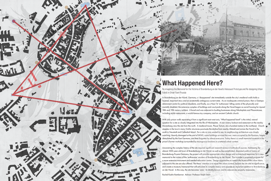 Black and white city map with red lines forming a triangle, next to a historical photo of people and buildings, discussing Holocaust memorials.
