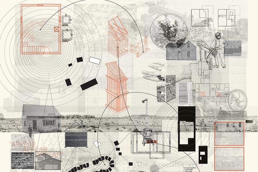 Architectural collage with abstract diagrams, layered house sketches, and rural imagery.
