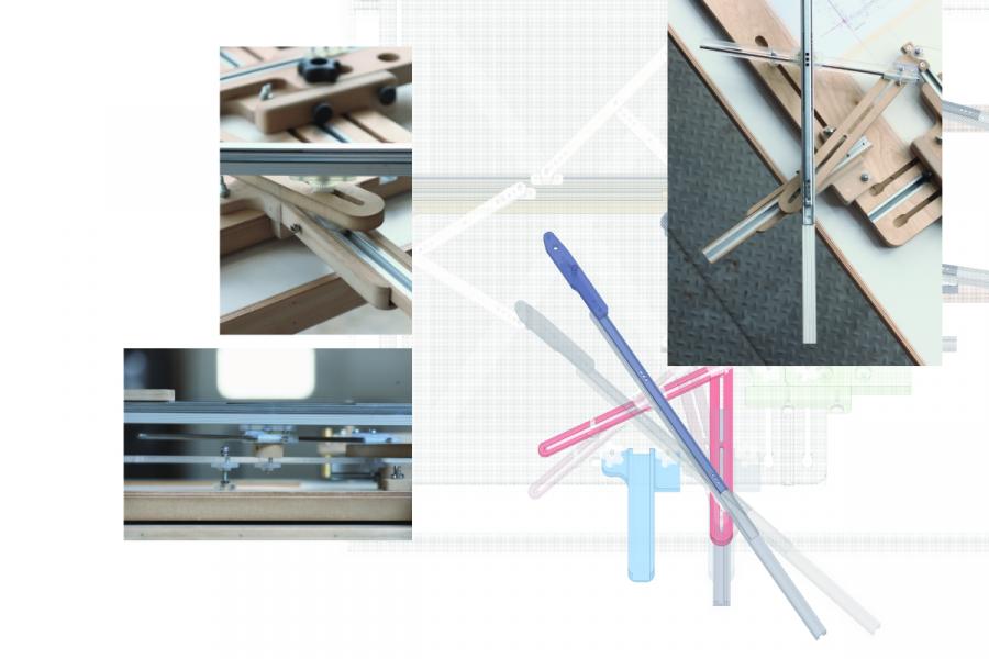 Collage of mechanical drawing tools and wooden apparatuses with sliding mechanisms. 