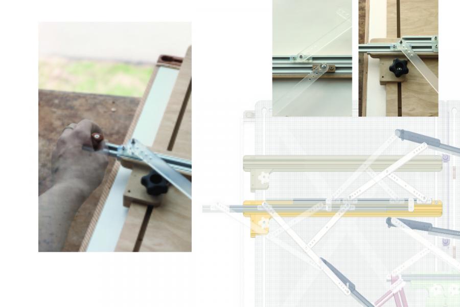 A hand adjusts a metal rail on a light wooden surface, surrounded by close-ups of machined components.