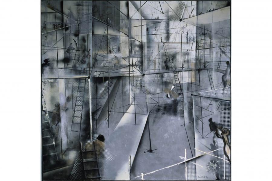 Surreal grayscale interior filled with scaffolding, ladders, geometric platforms, and small figures, creating a tense, dreamlike architectural maze.