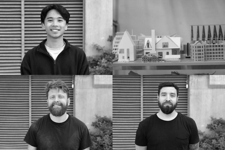 black and white images of people in black shirts smiling at the camera