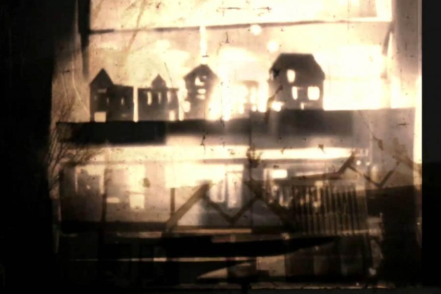 Sepia-toned shadow scene of small house silhouettes on a windowsill, with a bright window behind them and a quiet, nostalgic mood.
