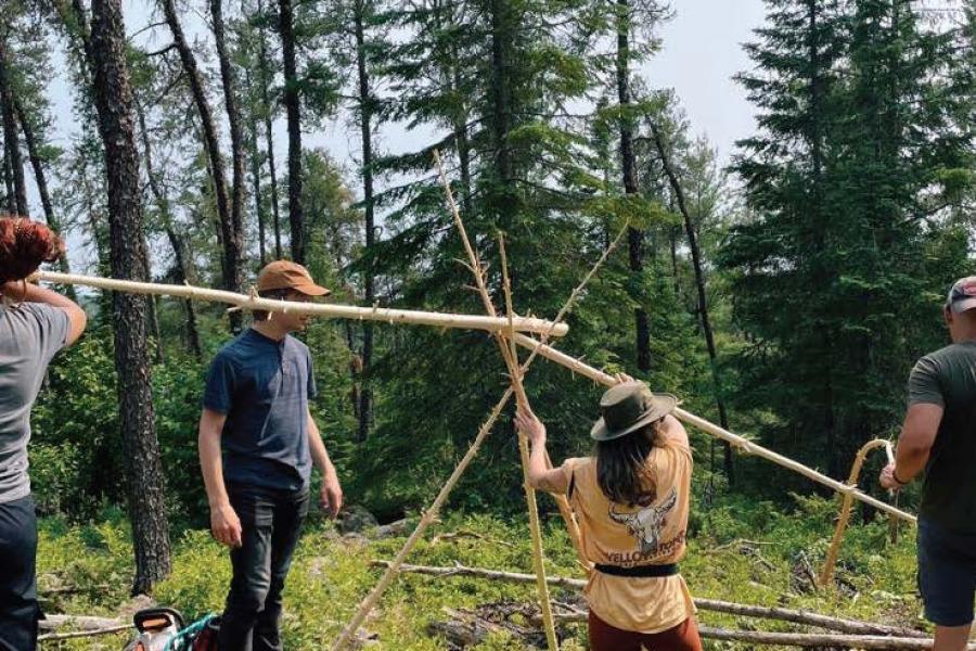 working to build a stick structure in the forest