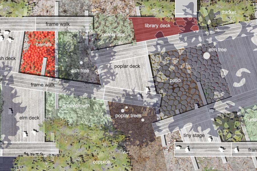 Annotated landscape plan showing frame walks, library and poplar decks, berry garden, patio, trees, undergrowth, tiny stage, and canopy.