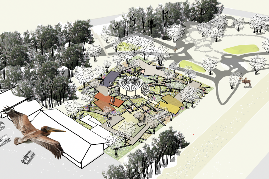 Aerial architectural rendering of a landscaped park with colorful community buildings, winding paths, trees, ponds, and birds soaring above.