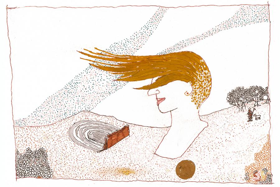drawing of a woman with her hair blowing in the wind