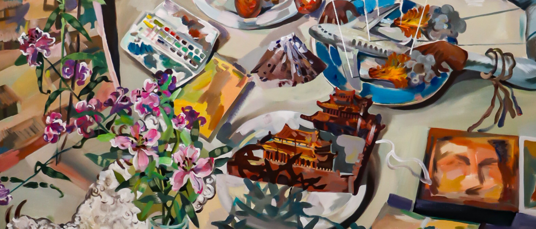 Xianghui Guan painting of a chaotic tabletop strewn with food, flowers, books, and model buildings, with a figure in the background appearing to manipulate a miniature war scene featuring airplanes and explosions.