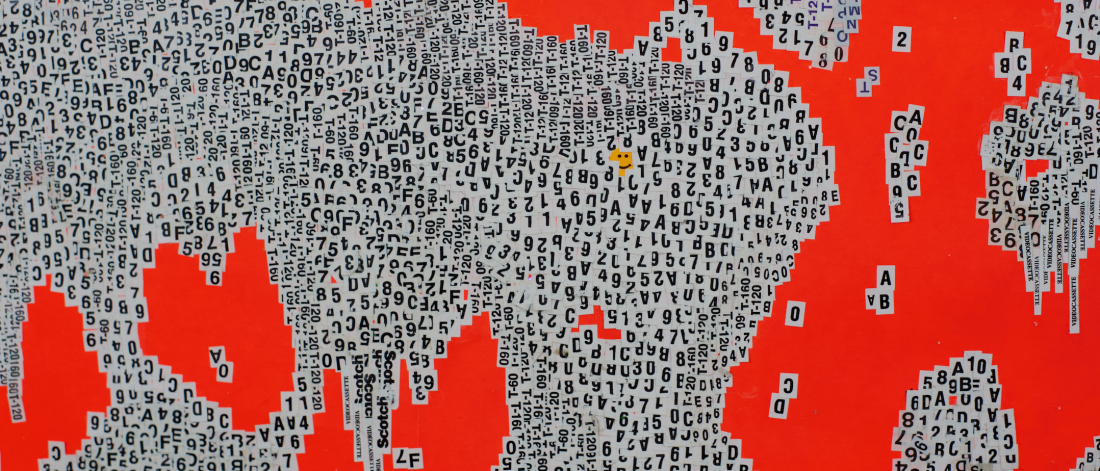 Detail of an artwork by Maya de Forest featuring a vivid red-orange background covered with dense, irregular clusters of cut-out letters, numbers and printed labels in black on white, arranged in fragmented, overlapping patterns.