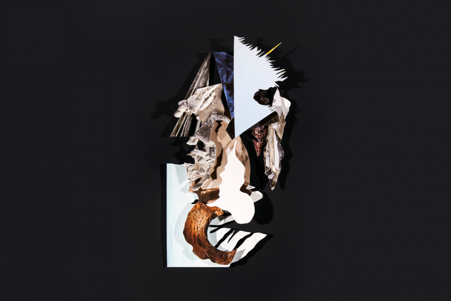 An abstract 3d form, made of intersecting cut out digital photographs. Hanging on black background.