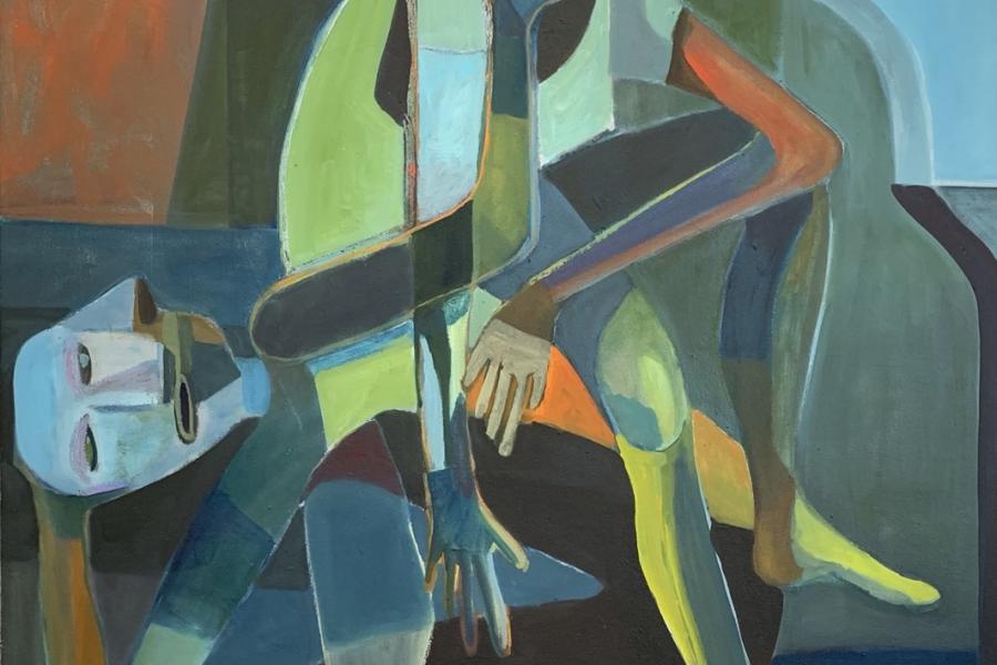 Abstract figurative painting with a mix of blue, green, and natural colours.