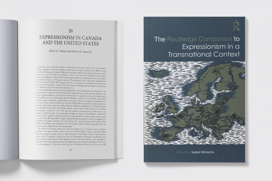 Book cover reading "Expressionism in Canada and the United States" beside an open book with article text too small to read.