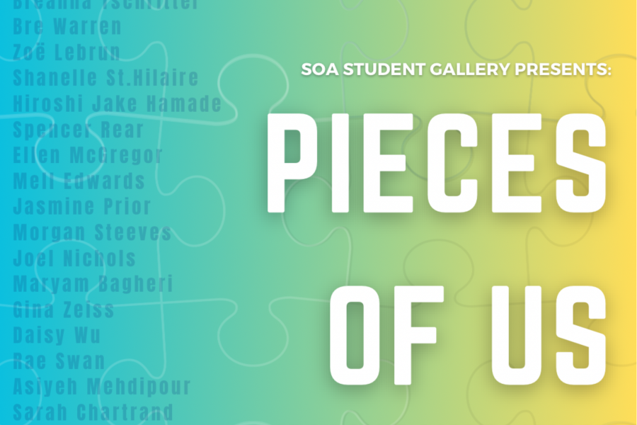 Title Card with white text reading "Pieces of Us" on a blue to green ombre background with a puzzle print