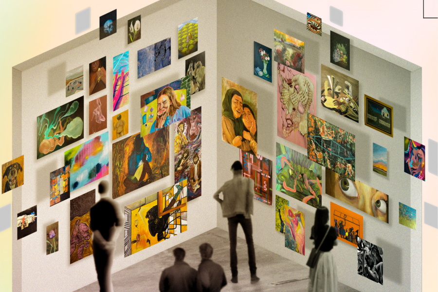 A digigalt mock-up of a gallery corner covered in colourful paintings
