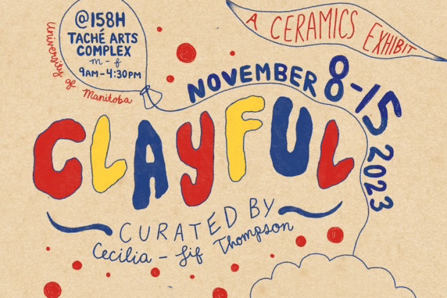 Hand drawn red, yellow, and blue letters on a tan background, reading "Clayful"