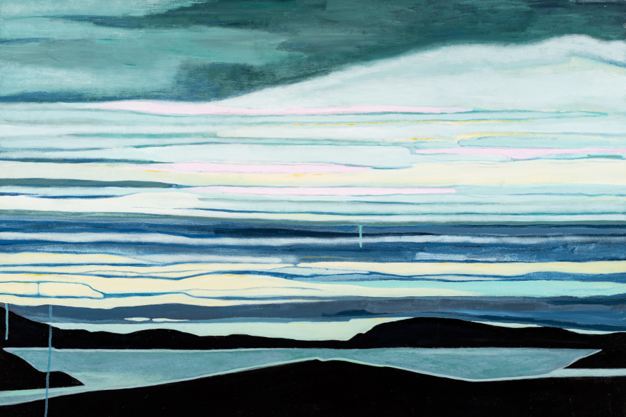 Landscape painting depicting an opening field at dusk, in blues, greys, and teals.