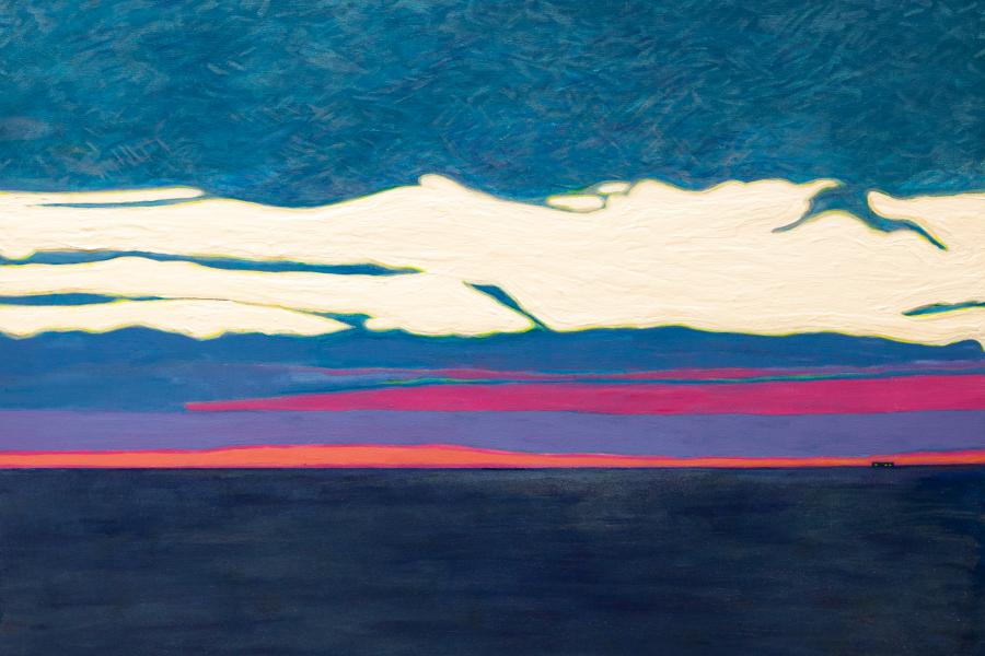 Landscape painting depicting an opening field at dusk, in blues, greys, and pinks.