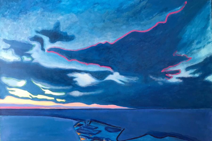 Landscape painting depicting an opening field at dusk, in blues, greys, and pinks.