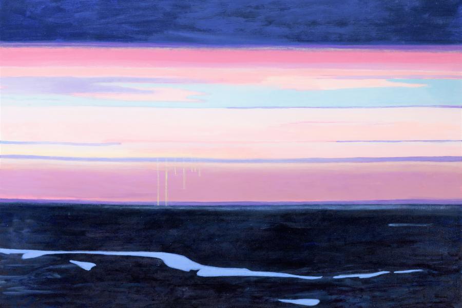 Landscape painting depicting an opening field at dusk, in blues, greys, and pinks.