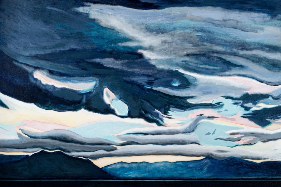 Landscape painting depicting an opening field at dusk, in blues, greys, and teals.