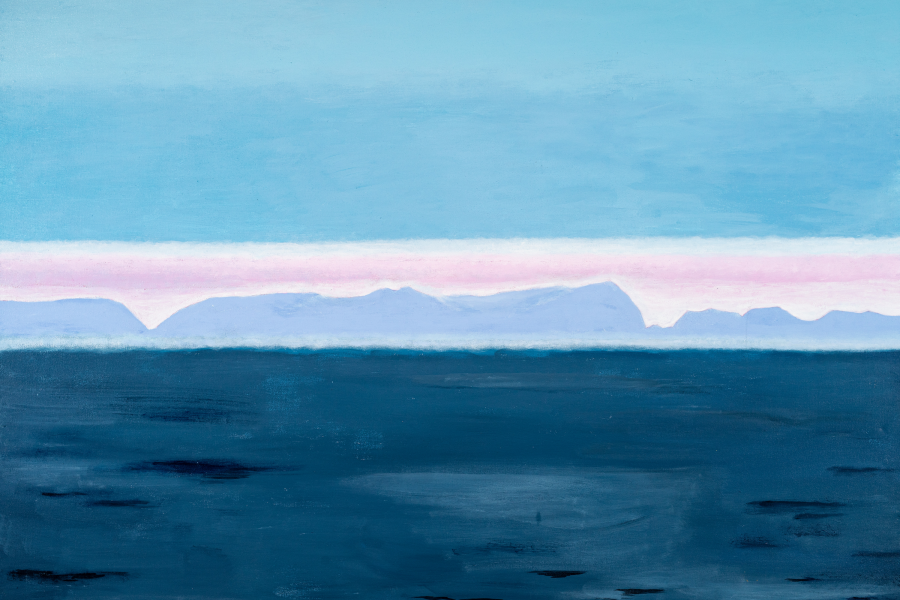 Landscape painting depicting an opening field at dusk, in blues, greys, and pinks.