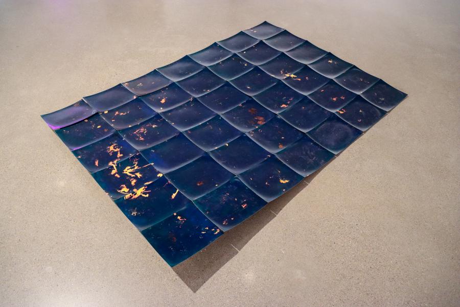 "Weeds from my alley" (2023) - a silver gelatin floor installation featuring a grid of luminous blue and orange photographic tiles.