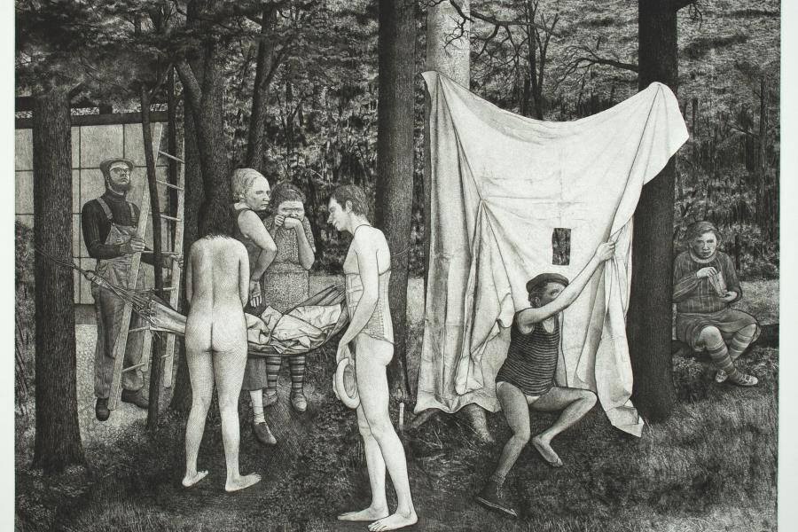 A detailed black-and-white etching of figures in a woodland setting, titled "Union Grove Picnic," depicting a mix of serene and dynamic interactions.