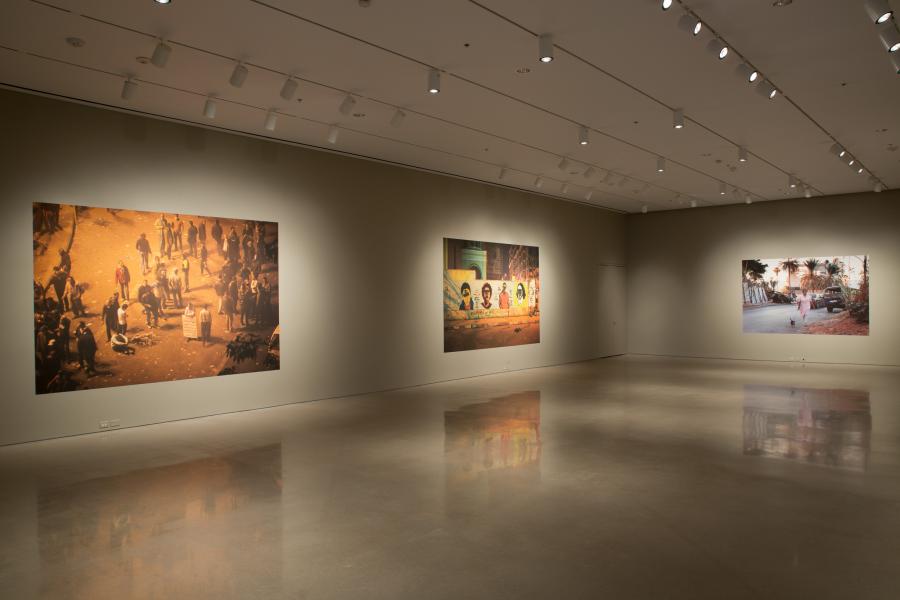 Three large photographic works from Lidwien van de Ven's series, showcasing themes of societal resilience and political tension.