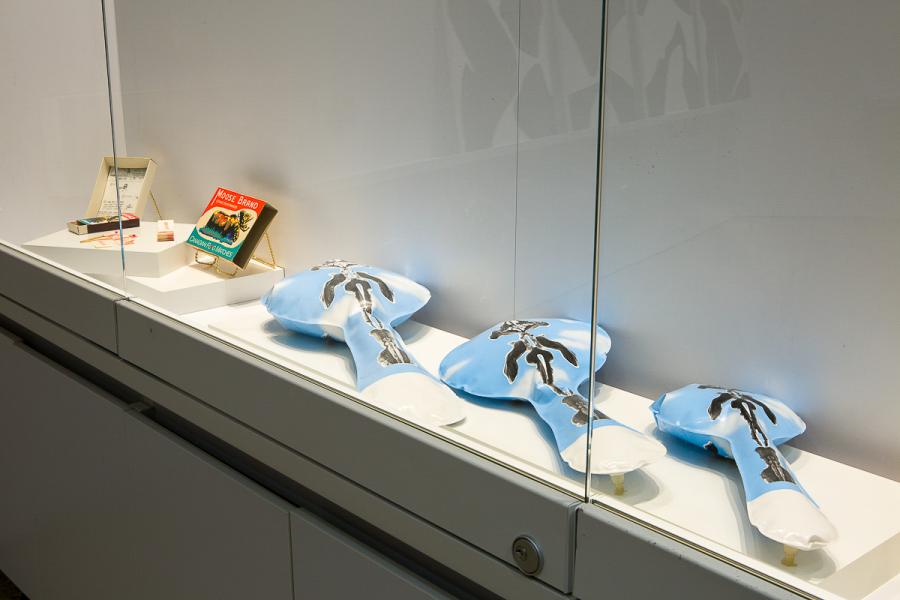 A detailed view of a display case featuring "Moose Brand" matchboxes and ceramic sculptures resembling pillow forms with skeletal imagery on a light blue background.