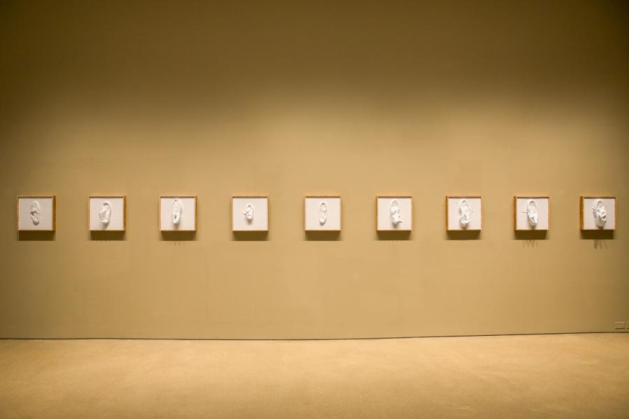 A close-up view of a wall featuring a series of framed 3D portraits in white relief, evenly spaced in a row.