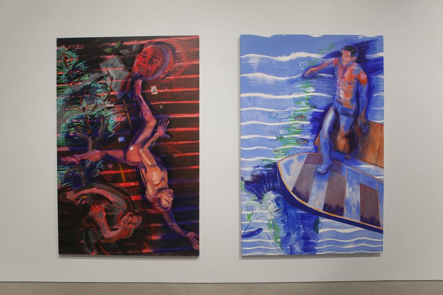 Two large-scale paintings by Sheila Butler, juxtaposing intense reds and calming blues, creating a compelling dialogue of tension and balance.