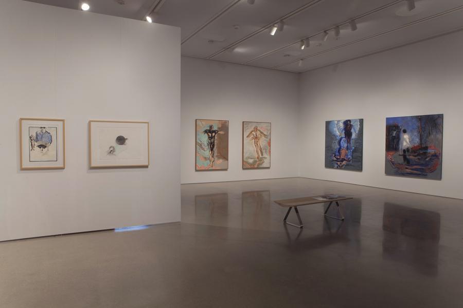 A wider view of Sheila Butler’s exhibition, merging intimate drawings with large-scale narrative paintings, highlighting her dynamic range.
