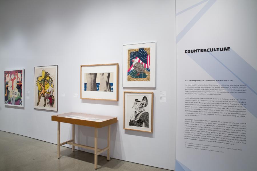 A gallery wall labeled "Counterculture," featuring framed mixed-media artworks and accompanying text.